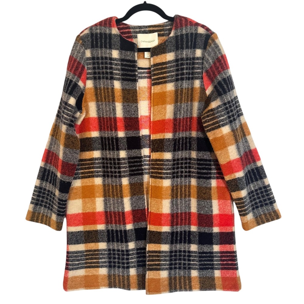Cynthia Rowley Plaid Boucle Wool Blend Duster Long Coat Jacket Womens Medium‎